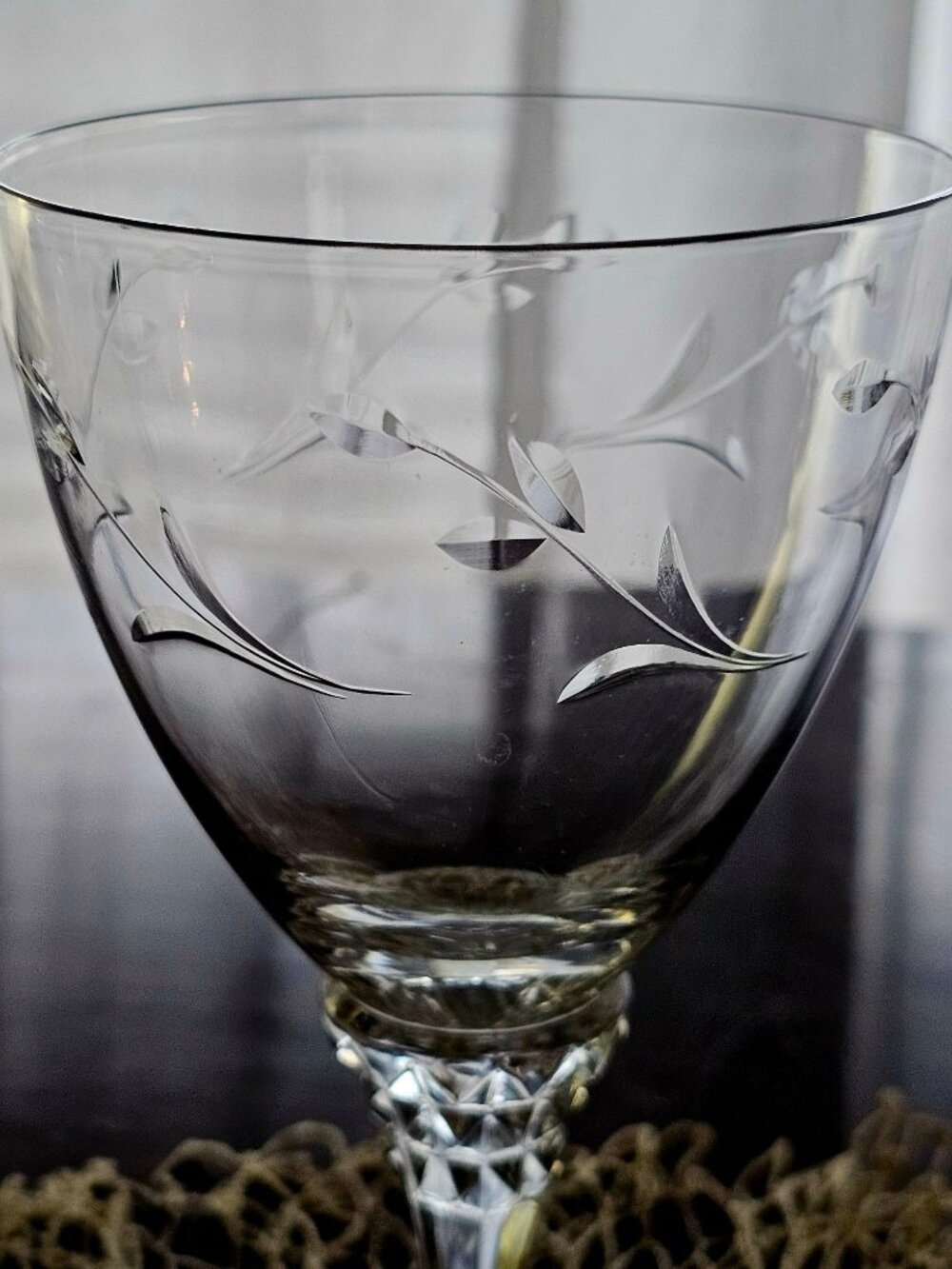 Tiffin Rose Marie Water Glass flower cut glass romantic 60s vtg sculpted stem 6. - Picture 3 of 6